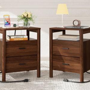 20" Large Nightstand Set of 2 with Charging Station, Solid Round Post Legs, 2 Drawers End Table with Open Shelf - Walnut, Set of 2