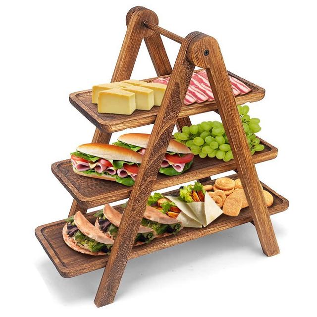 Wood 3 Tier Serving Tray Three Tiered Serving Stand, Rectangle Serving Platter Wooden Farmhouse Tiered Tray, Party Serving Dishes for Entertaining, Rustic Wood Tray Vintage Party Trays and Platters