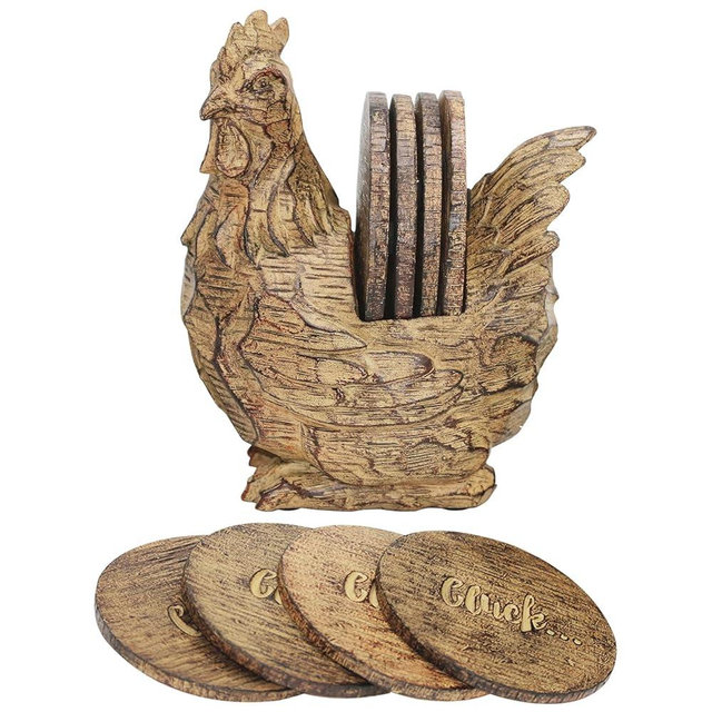 Vintage Rooster Coasters, Set of 4 Resin Coasters in Handmade Cock Stand, Rustic Tabletop Decor for Home & Office
