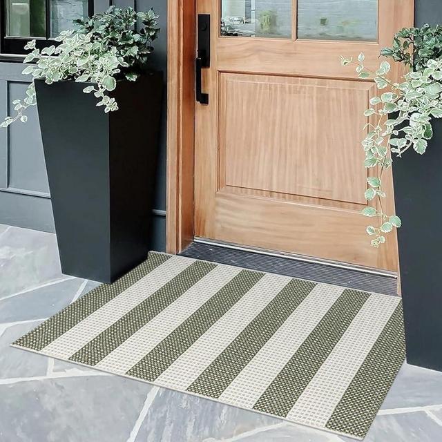 OJIA Front Door Mat 24"x35" Green Striped Porch Rugs Checkered Rug Washable Enrty Rug Hand Woven Cotton Indoor Outdoor Rug Small Area Rug for Kitchen Entryway Patio Bathroom