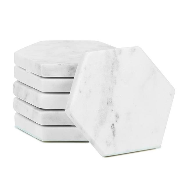 Lavaux Designs – Hexagon Coasters - Set of 6 Handcrafted Marble Coasters |White Marble Coasters| Modern Decor | Coasters for Coffee Table, Dining, Bar or Office| Made from 100% Solid Real Marble