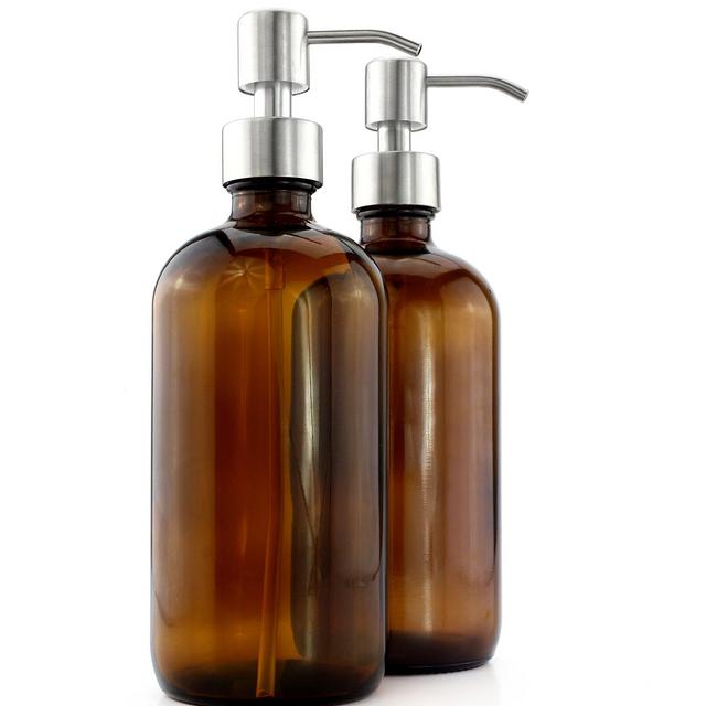 Cornucopia Brands 16-Ounce Amber Glass Bottles w/Stainless Steel Pumps (2-Pack); Lotion Soap Dispenser Brown Boston Round Bottles for Aromatherapy, DIY, Home Kitchen