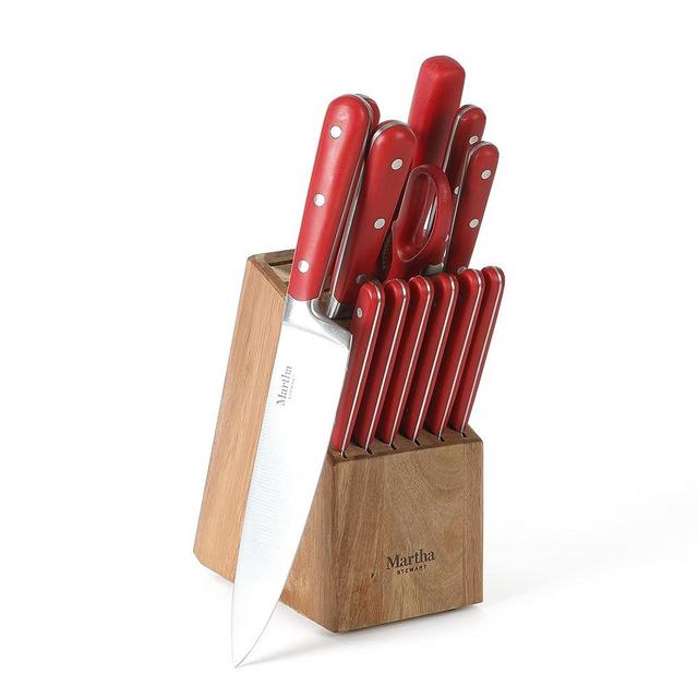 MARTHA STEWART Eastwalk 14 Piece High Carbon Staineless Steel Cutlery Knife Block Set w/ABS Triple Riveted Forged Handle Acacia Wood Block - Red