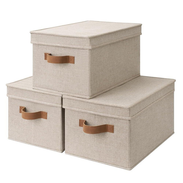 StorageWorks Large Storage Bins with Lids, Decorative Storage Boxes with Lid and PU Handles, Foldable Storage Baskets for Closet, Shelves, Stackable, Brown and Beige, 3-Pack