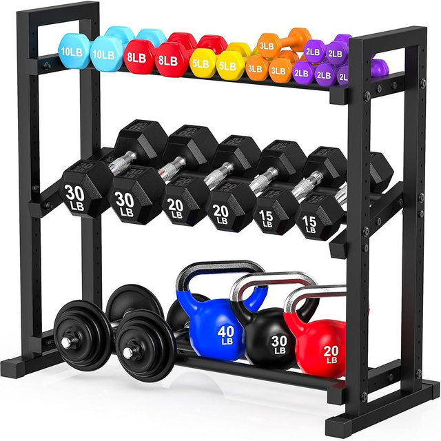 LarFaFa 3-Tier Adjustable Dumbbell Rack, Weight Rack for Home Gym Storage, Heavy Duty Weight Stand for Dumbbells, Kettlebells & Free Weights, Space-Saving Dumbbell Rack Stand Only(Up to 450LB Capacity)