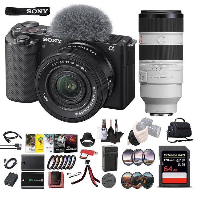 Sony ZV-E10 Mirrorless Camera Kit with 16-50mm II Power Zoom Lens (Black) | APS-C Sensor | Compact Creator Tool + Sony 18-105mm Lens + 64GB Card + Color Filter Kit + Filter Kit + More