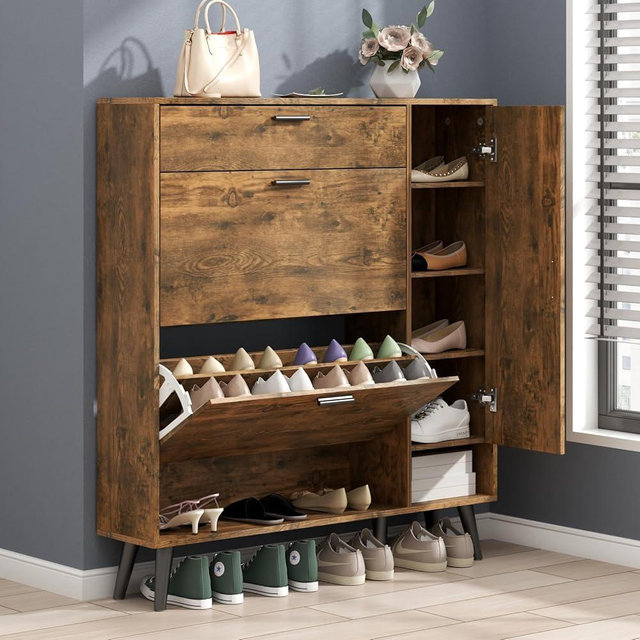 Gyfimoie Shoe Storage Cabinets, 16 Pairs Free Standing Shoe Organizer with 2 Flip Drawers for Entryway, Narrow 3 Tier Entryway Hidden Shoe Rack with Doors (Upgraded Rustic)