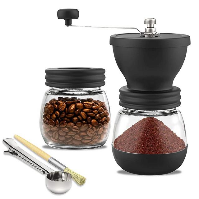 Meg & Mello Manual Burr Coffee Grinder with Ceramic Conical Burr Mill. Infinitely Adjustable Grind, Two Glass Jars, Cleaning Brush, Coffee Tea Spoon Bag Clip. Perfect for Home Travel or Camping