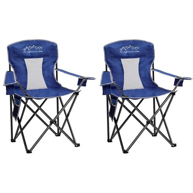 SAILARY 2PCS Collapsible Folding Camping Chairs Heavy Duty Lawn Foldable Chair with Cooler Bag, Storage Pocket, Waterproof Bag Outdoor Arm Sport Chair, Supports 325LBS, Blue
