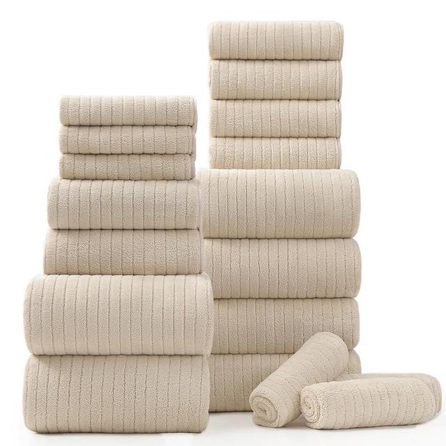 18 Piece Bath Towels Set,Ultra Soft Family Bathroom Towel Set with Hanging Loops-6 Bath Towels,6 Hand Towels,6 Washcloths,Highly Absorbent Quick Dry Shower Towel for Bathroom,Hotel,Spa-Beige Towel Set