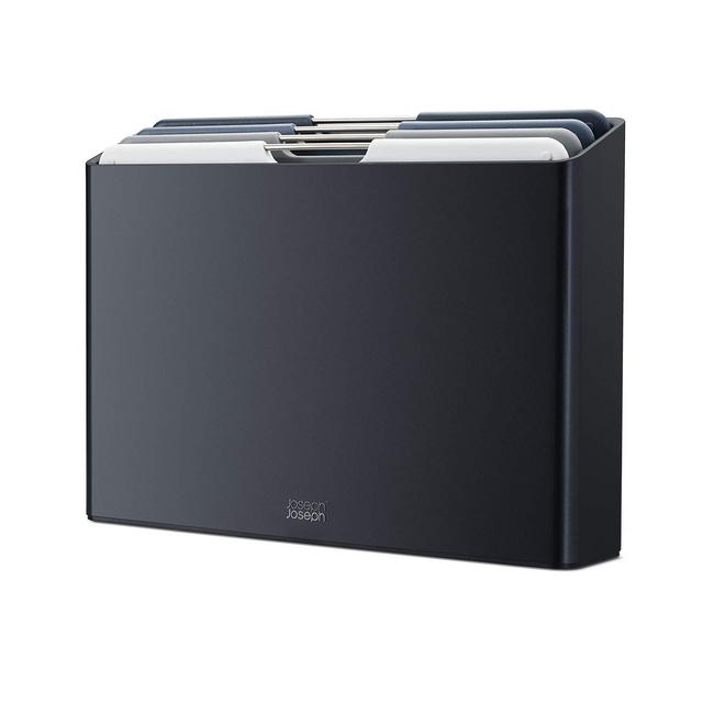 Joseph Joseph Folio Plastic Cutting Board Set with Storage Case Color-Coded Easy-Access Design Dishwasher Safer Non-Slip, Large, Graphite