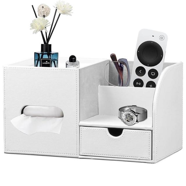 Square Tissue Box Cover with Tray and Organizer,Multi-Functional Decor Cube Tissue Box Holder,Tissue and Remote Control Holder,for Vanity,Nightstand,Bathroom,Home,Office
