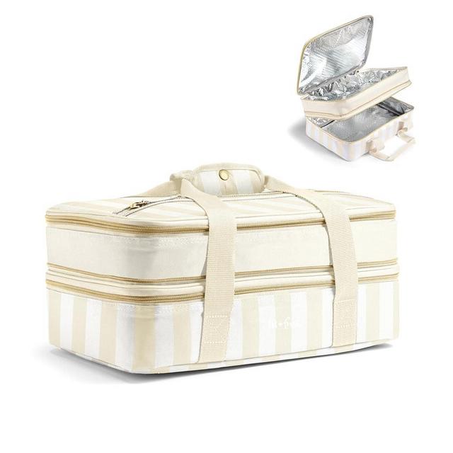 Fit & Fresh Insulated Casserole Carrier - Double Decker Food Carrier Fits Two 9x13 Dishes, Expandable Hot & Cold Food Transport Bag with Zipper Pocket for Potluck, Easter & Travel, Taupe Stripe