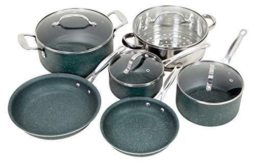 OrGREENiC Diamond Granite 10 Piece ALL in One Cookware Set with Non-stick Ceramic Coating, Included Fry Skillet, Saute Pans, Stock Pot Glass Lids & Steamer Insert Saucepan (10 Piece Set, All in One)