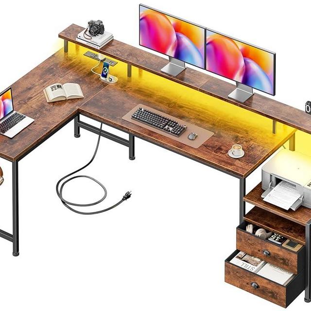 66'' L Shaped Desk with Power Outlets and USB-C Port, Reversible Office Desk with drawers and Storage Shelves, Computer desk with Led Lights and Host stand for Home Office, Gaming, Work, Rustic Brown