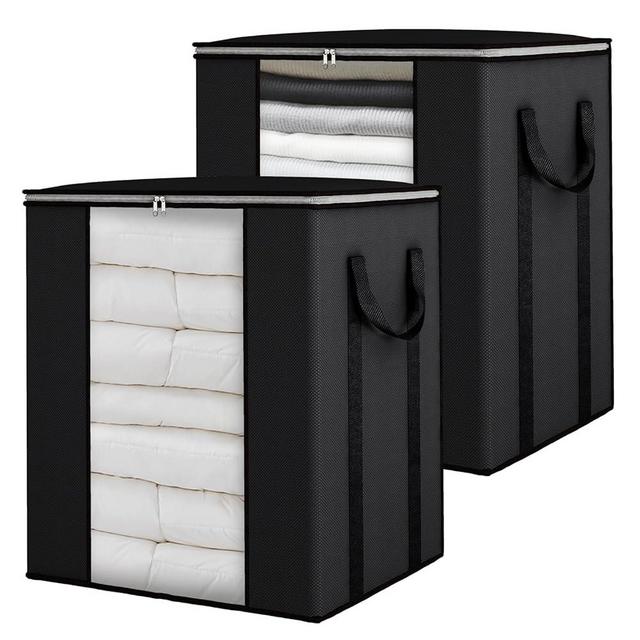 Fixwal Blanket Storage Bags with Zipper Large Storage Bins with Lids 120L 2 Pack Comforter Storage Bags with Reinforced Handles Clothes Storage Containers for King Comforter Bedding Pillow Sheet Black