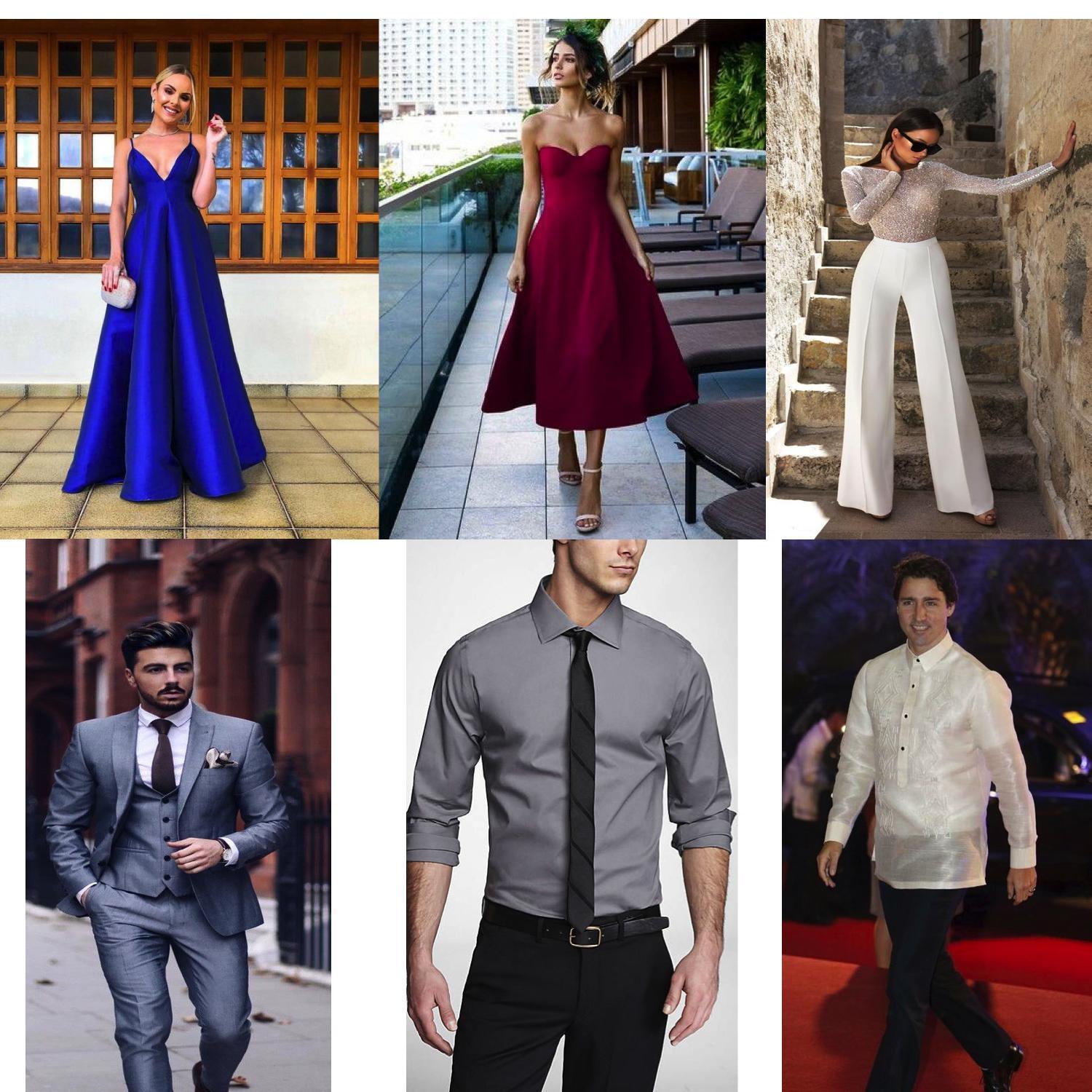 For the ladies, you can go for floor-length or mid-length, but no cocktail dress please 🙈 You may even choose to wear a pant-suit.

For the gentlemen, suits or any formal attire.