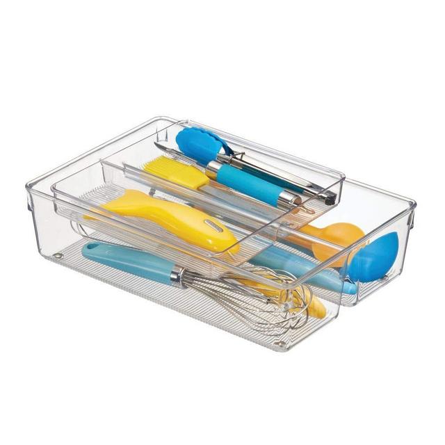 mDesign Stackable Kitchen Storage Drawer Organizer Bin with Top Nesting Tray - Divided Compartments for Drawers, Cabinets, Pantry Shelves, Refrigerators, Freezers - 2 Pieces - Clear