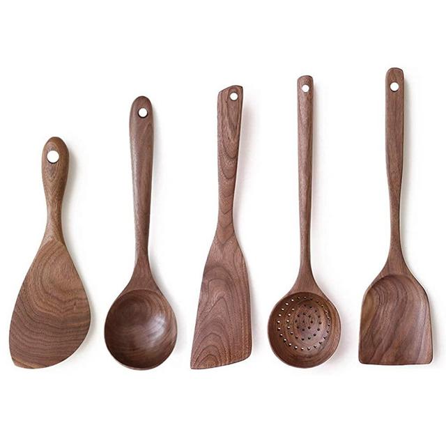 Wooden Kitchen Utensils Set, 5 PCS Handmade Natural Walnut Wood Long Handle Cooking Utensils, Wooden Spatula, Strainer Spoon, Soup Ladle, Angled Spatula