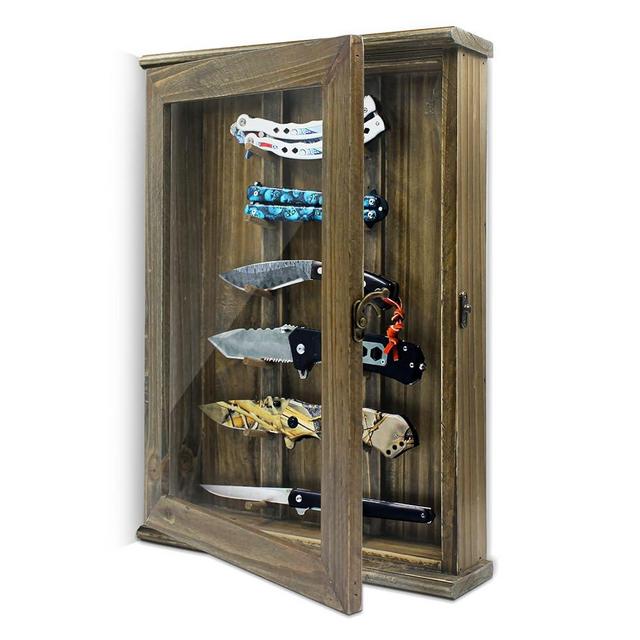 Pocket Knife Collection Display Case - for 6 Knives, Rustic Wall Mount Shadow Box Rack for Folding Knife Storage Organizer, Wood Small Cabinet Shelf for Every Day Carry