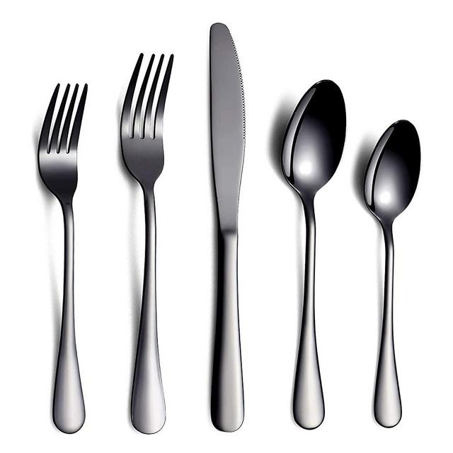 Black Flatware Set 20 Piece Service for 4, Black Titanium Plated Stainless Steel Silverware set Service for 4 (Shiny, Black)