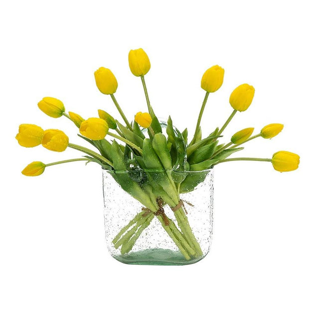 DUYONE 15pcs Artificial Tulips Flowers, Latex Bouquet, Fake Tulips for Office Wedding Party Home Kitchen Garden Decoration(Yellow,15pcs)