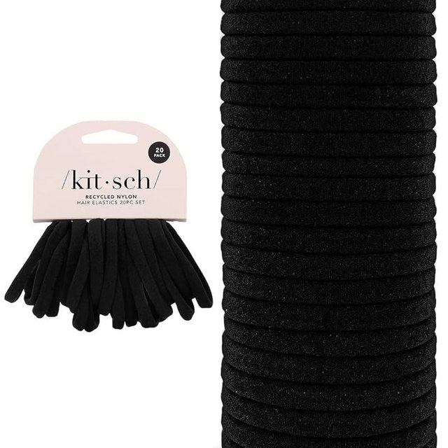 Kitsch Black Hair Ties No Damage - Strong, Stretchy Hair Bands | Soft Nylon Ponytail Holders, Snag-Free Rubber Bands, Perfect for Updos & Braids - Black, 20pcs