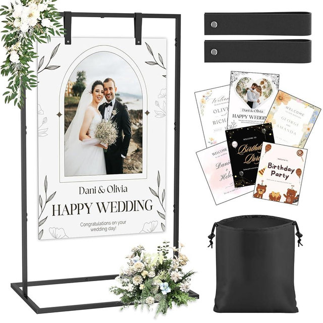 Kawaiita Wedding Welcome Sign Stand, Adjustable Sign Stand Includes Custom Design & Leather Sign Hanging Straps, Heavy Duty Metal Floor Standing Easel Stand, Welcome to Our Wedding Sign Holder (Black)