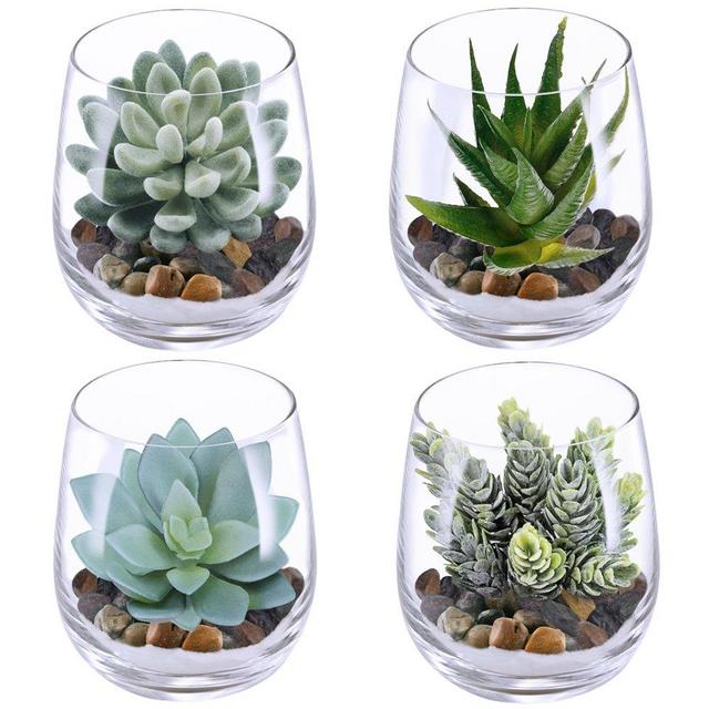 Supla 4 Set Artificial Fake Succulent Plants Echeveria Terrarium Glass Containers Decorations Clear (4 Artificial Succulents+1.1 Lb White Sand+1.32 Lb Stone + 4 Glass Containers +1 Floral Wire Cutter)