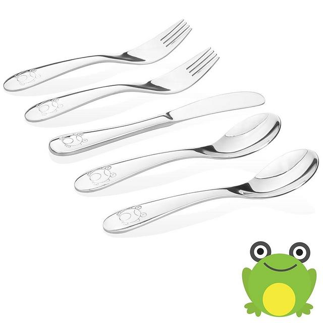 Kiddobloom Kids Stainless Steel Utensil Set, High Grade Stainless #304 (18/8), Frog Model, Set of 5 (2 Spoons, 2 Forks, and 1 Butter Knife) Safe for Toddler and Kids.