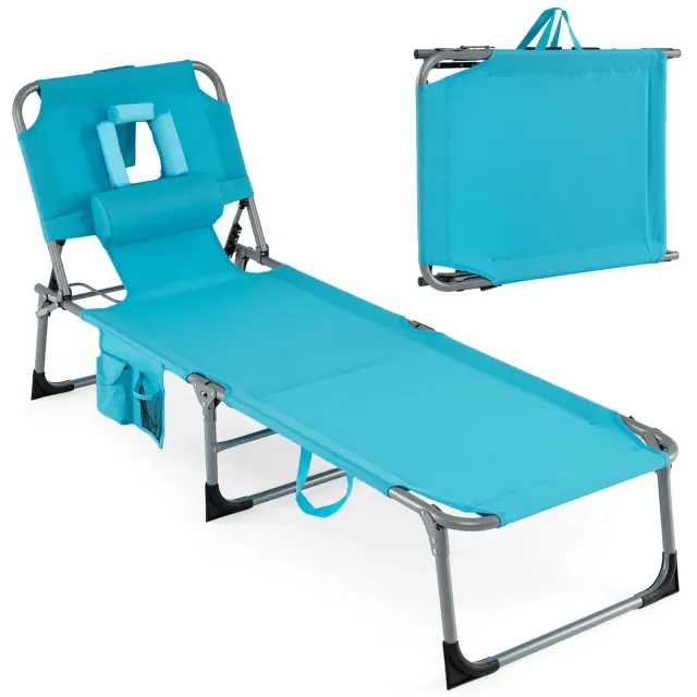 Costway Outdoor Beach Lounge Chair Folding Chaise Lounge with Pillow Turquoise