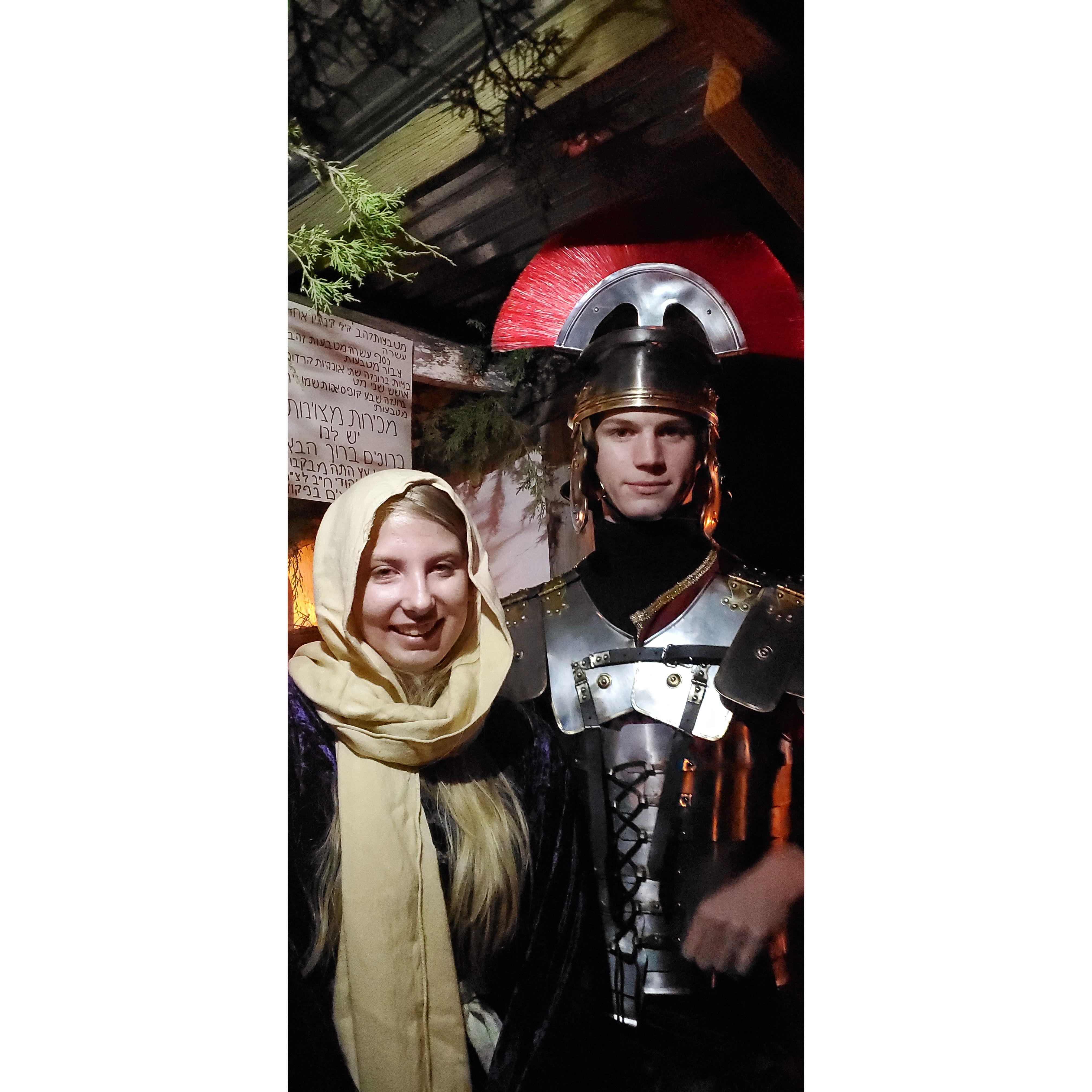 Shortly after meeting, Peter learned of a wonderful opportunity to dress up as a Roman solider and harass people as they entered Bethlehem.  Mary has done Bethlehem village for years and was so happy when Peter took such a strong interest in it.