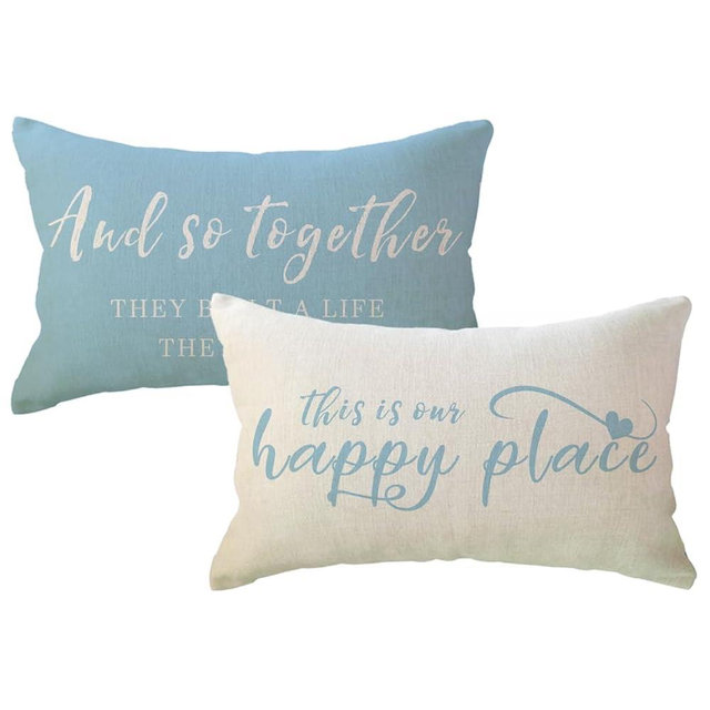 ULOVE LOVE YOURSELF Home Saying Throw Pillow Covers with Our Happy Place Quote Rustic Farmhouse Decor Lumbar Pillow Cases 12" x 20",2Pack Housewarming Gifts for Sofa/Couch/Porch (Light Blue)