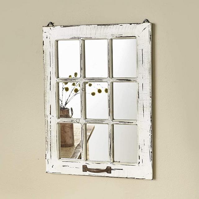 The Lakeside Collection Distressed Wood Windowpane Mirror - Rustic Home Decoration - Small 15" W x 20" L - White