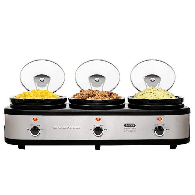 Ovente Stainless Steel Triple Slow Cooker Buffet Server with Glass Lid & Temperature Control, 3 Section Portable 1.5 QT Ceramic Pot Food Warmer Easy Clean Perfect for Holiday Dinner, Silver SLO315CBR