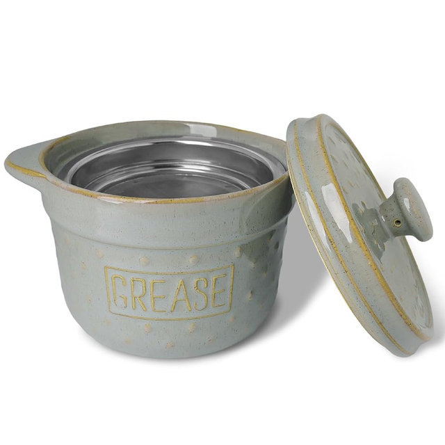 GDCZ Ceramic Bacon Grease Container with Strainer, 18 Oz Bacon Grease Keeper, Bacon Fat Strainer Cooking for Grease Drippings and Storage (Grey)