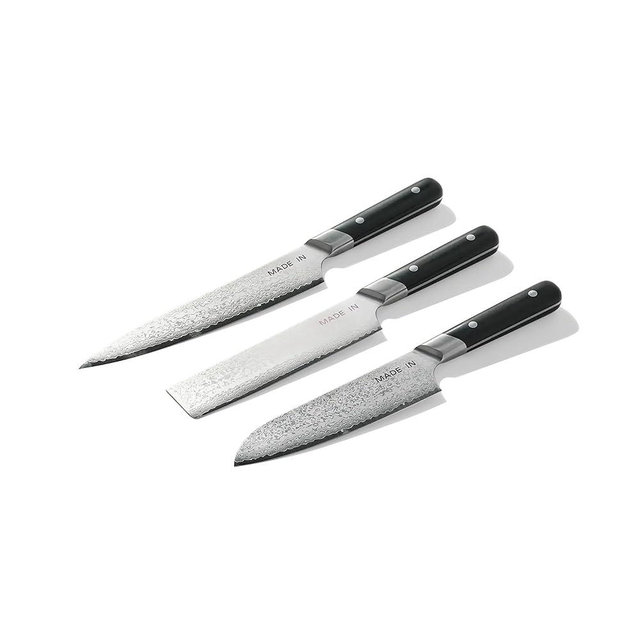 Made In Cookware - 3-piece Japanese Damascus Steel Knife Set (Includes Gyuto, Nakiri and Santoku) - 66 Layers of Damascus Steel with a VG-10 Core - Crafted in Japan - Full Tang With Black POM Handle