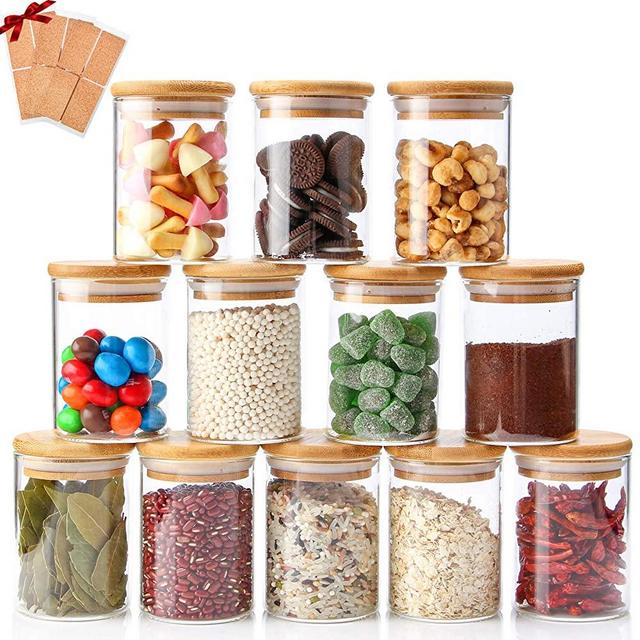 Glass Jars Set of 12, Chrider Spice Glass Jars with Bamboo Wooden Airtight Lids and Labels, Food Storage Containers for Home Kitchen, Tea, Sugar, Salt, Pepper, Spices, Coffee, Flour, Herbs, Grains