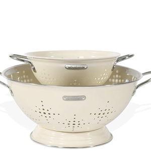 Metal Colander 2 Pack, Strainer Bowel with Handles 2Qt & 6Qt Powder Coated Solid Ring Base Heavey Duty Kitchen Drainer Basket for Pasta Veggies and Fruits,New Home Apartment Essentials (Almond Cream)