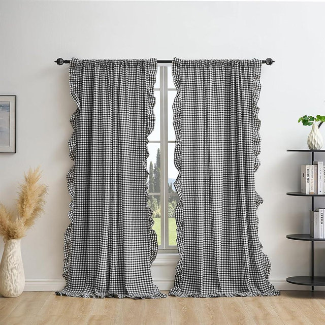 K MASANIJI Black White Plaid Gingham Ruffle Curtains 2 Panels, 100% Washed Cotton Drapes for Bedroom Living Room Doorway Shabby and Chic Window Treatment Rod Pocket, W52”xH90