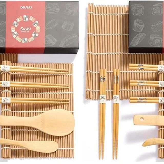 Sushi Making Kit, Delamu Bamboo Sushi Mat, Including 2 Sushi Rolling Mats, 5 Pairs of Chopsticks, 1 Paddle, 1 Spreader, 1 Beginner Guide PDF, Beginner Sushi Kit, Sushi Plates (Pack of 2)