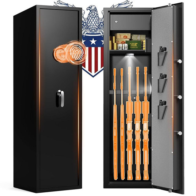 ANXINWEI Fingerprint Gun Safe for Rifles and Pistols, No Assembly 8-10 Gun Cabinet, Dual Alarm Biometric Rifle Safes for Home, Quick Access Long Shotgun Safe