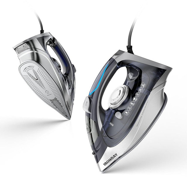 IRONDAY Steam Iron for Clothes Rapid Heating, 1700W Iron Burst of Steam, Non-Stick Ceramic Soleplate, Auto shutoff, Anti-Drip, Self-Cleaning, 10.14oz Water Tank Ironing Clothes for All Fabrics, Grey