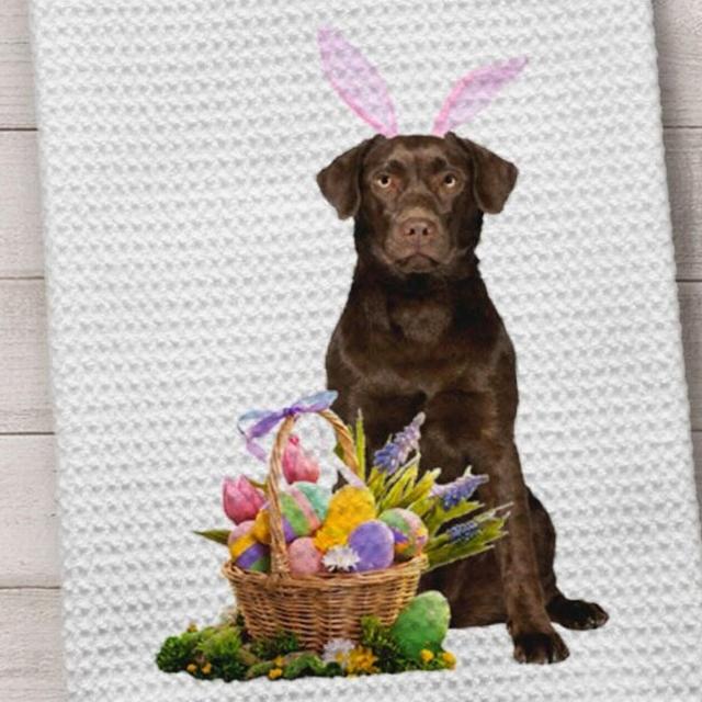 Easter Chocolate Lab Towel, Dog Towel, Chocolate Lab Towel, Labrador Towel, Kitchen Towel, Dog Kitchen Towel, Waffle Weave Towel, Hand Towel
