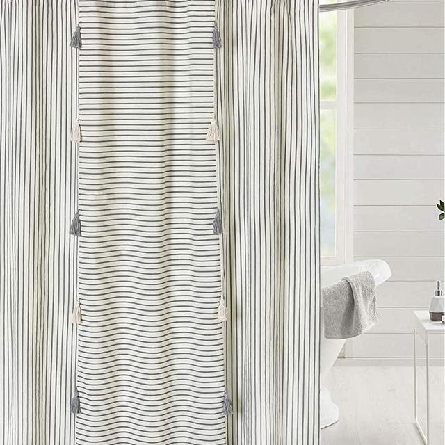 DOSLY IDÉES Gray and Beige Stripe Patchwork Cotton Fabric Tassel Shower Curtain for Bathroom,Farmhouse,Country Rustic and Cute Style,72 x 72 in