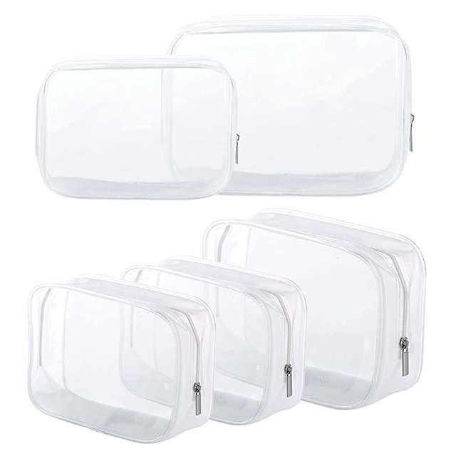 5 Pack Clear Plastic Zippered Toiletry Carry Pouch TSA Approved Toiletry Bag Portable Cosmetic Makeup Bag for Vacation, Bathroom and Organizing (Small/Large, White)