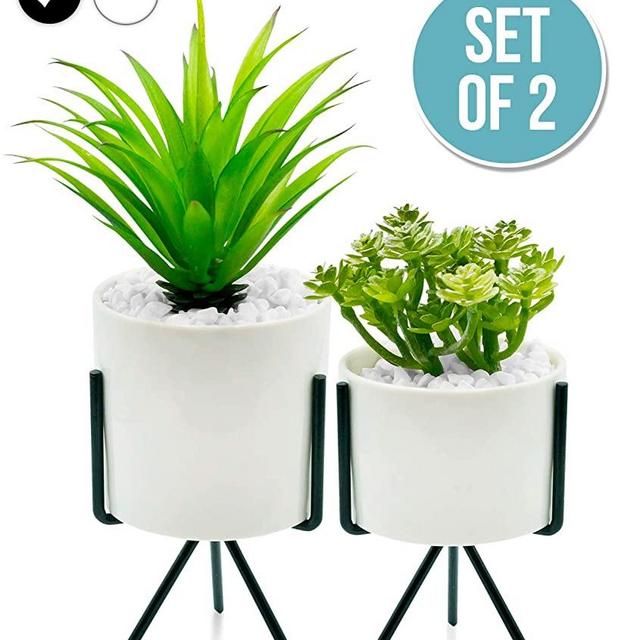 Modern and Realistic Looking Fake Potted Plants – Comes with Chic Ceramic Pots and Metal Stands – 2 Tabletop Plants That are Perfect for Home, Office – Fake Plants That Promote Wellness, Productivity
