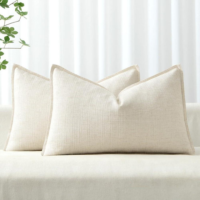 MIULEE Pack of 2 Thick Textured Lumbar Throw Pillow Covers, Natural Beige Decorative Pillow Covers 12x20, Linen Cushion Cases for Couch Sofa Bed Living Room Modern Farmhouse Home Decor, No Filling