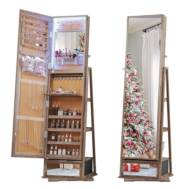 Lvifur 360° Rotating Jewelry Armoire w/Full Length Mirror, Large Capacity 3 Color Dimmable Jewelry Organizer Armoire, Lockable Floor Standing Jewelry Cabinet for Bedroom Cloakroom (Brown)