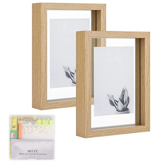 MUYE 5x7 Floating Frame Set of 2,Double Glass Rustic Photo Frame for Wall Hanging or Tabletop Standing,Also Display 4x6 or 3x5 Photo for Floating Effect,Natural